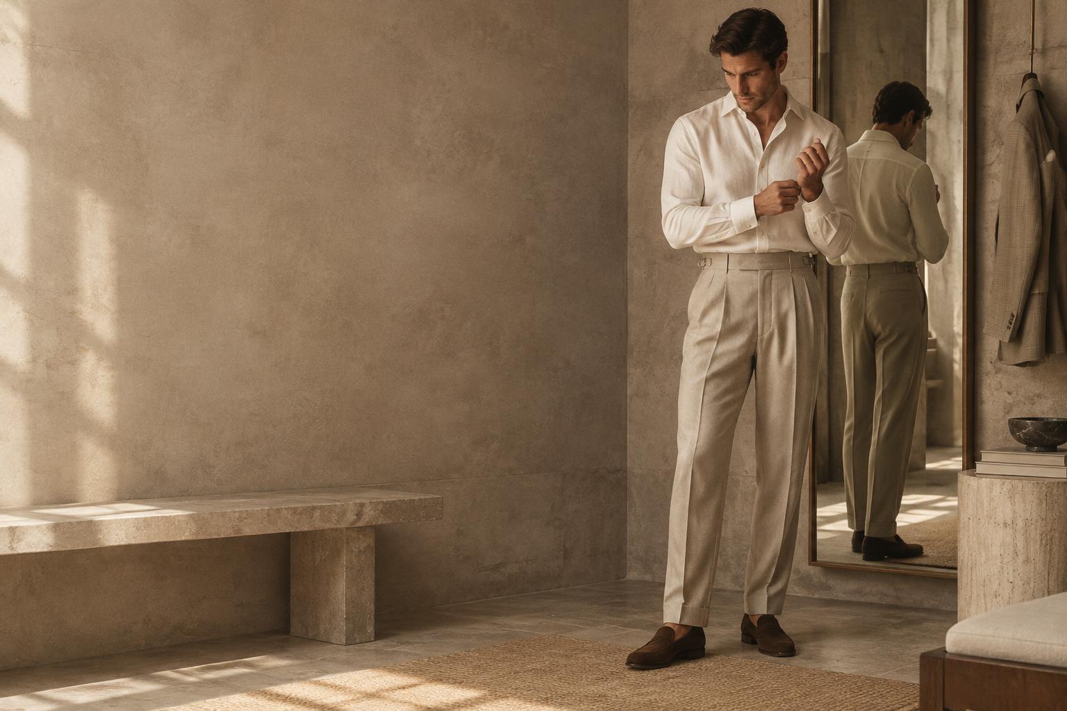 A man in a cream linen shirt adjusting his cuff before a mirror